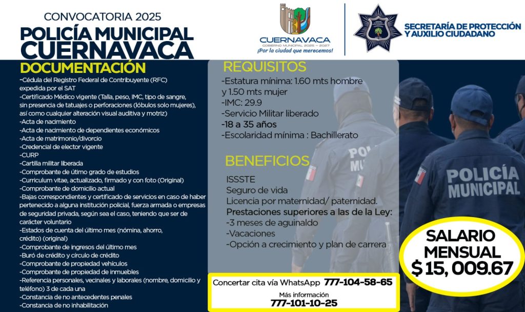 Abren convocatoria para integrarse a la Policía Municipal de Cuernavaca
