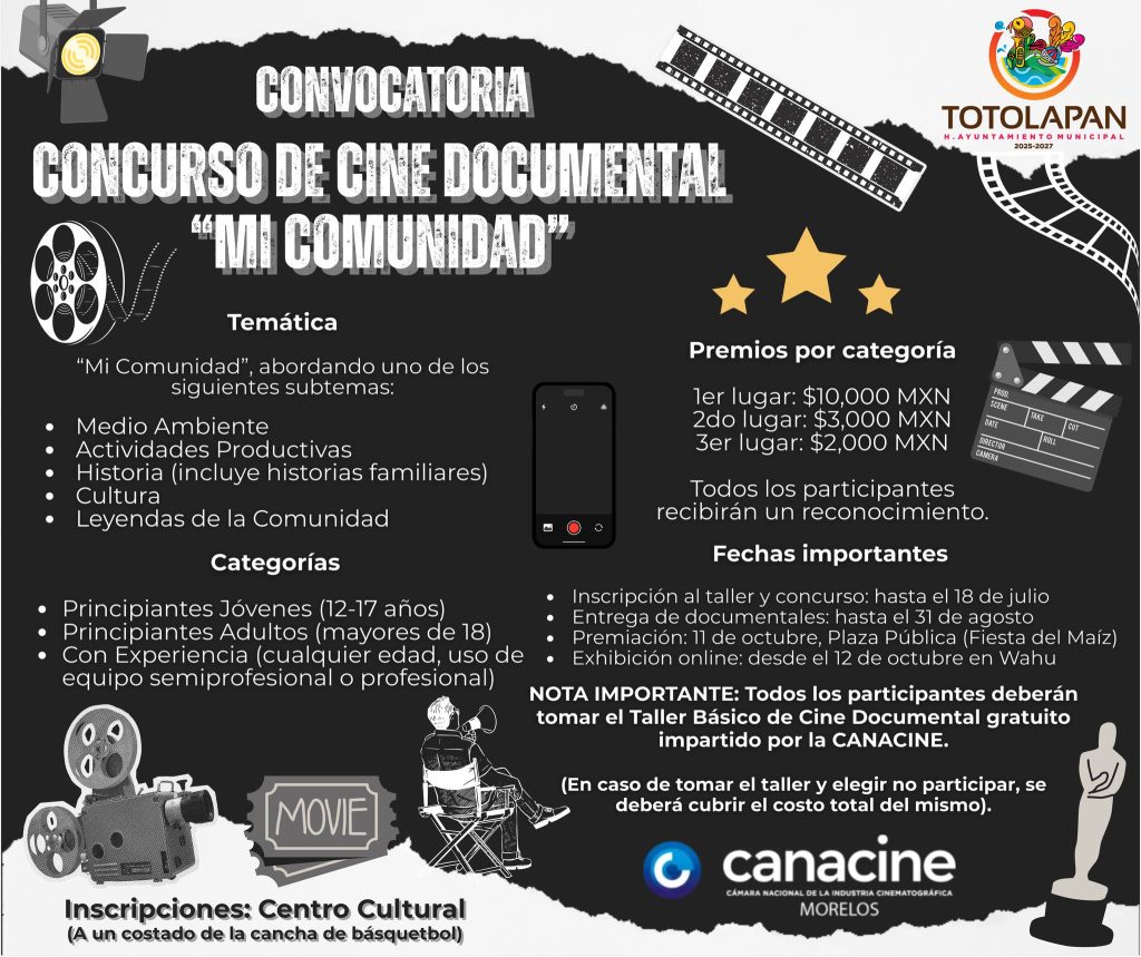 Totolapan convoca al concurso de cine documental “Mi Comunidad”, que premiará con hasta $10,000 MXN. Inscripciones hasta el 18 de julio.