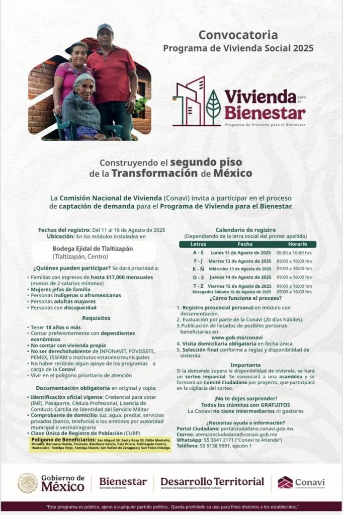 Abren convocatoria en Tlaltizapán para Viviendas del Bienestar