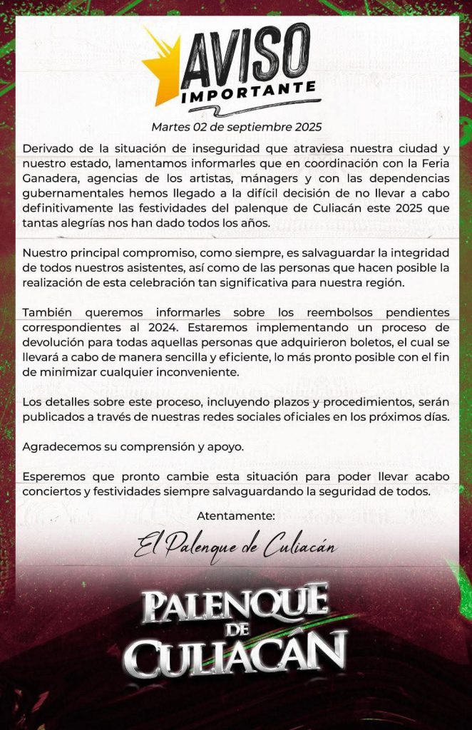 Cancelan el Palenque de Culiacán por violencia